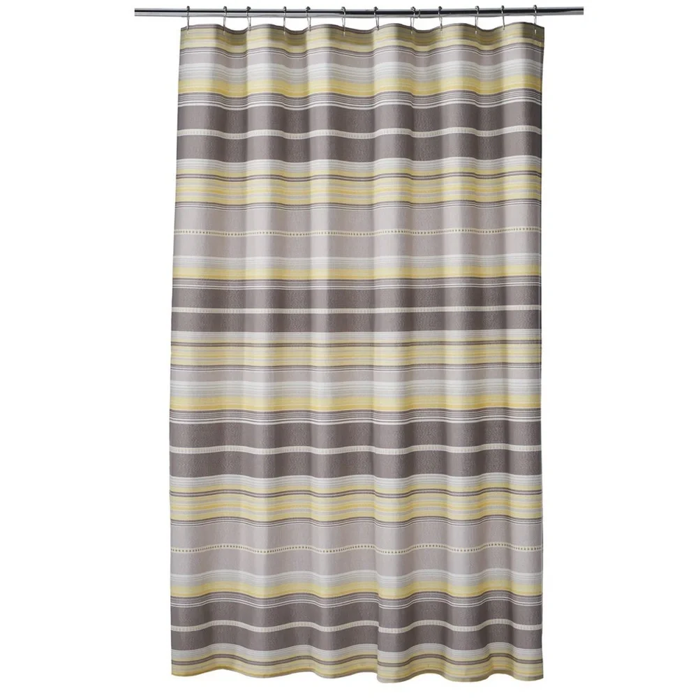 New Cotton Striped Shower Curtain + 2 Matching Floral Towels - Grey & Yellow